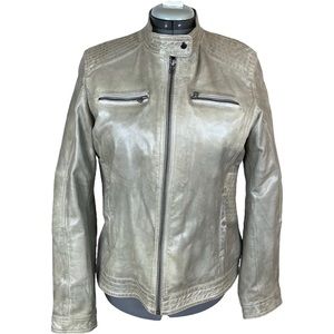 Vintage 1990s Y2K Leather Jacket Coat L Large 12 Danier Space Age Shiny Taupe